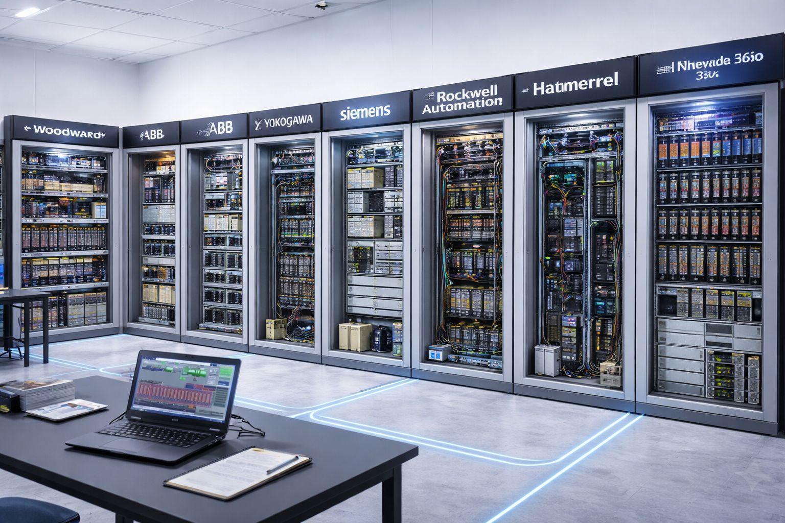Warehouse aisle of in-stock automation hardware from brands like ABB, Siemens, Yokogawa and Rockwell Automation